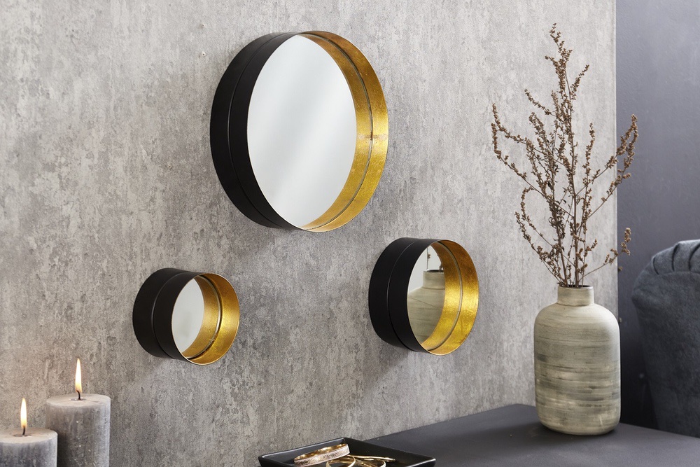 LuxD Designová sada 3 nástěnných zrcadel Laquita černo-zlatá