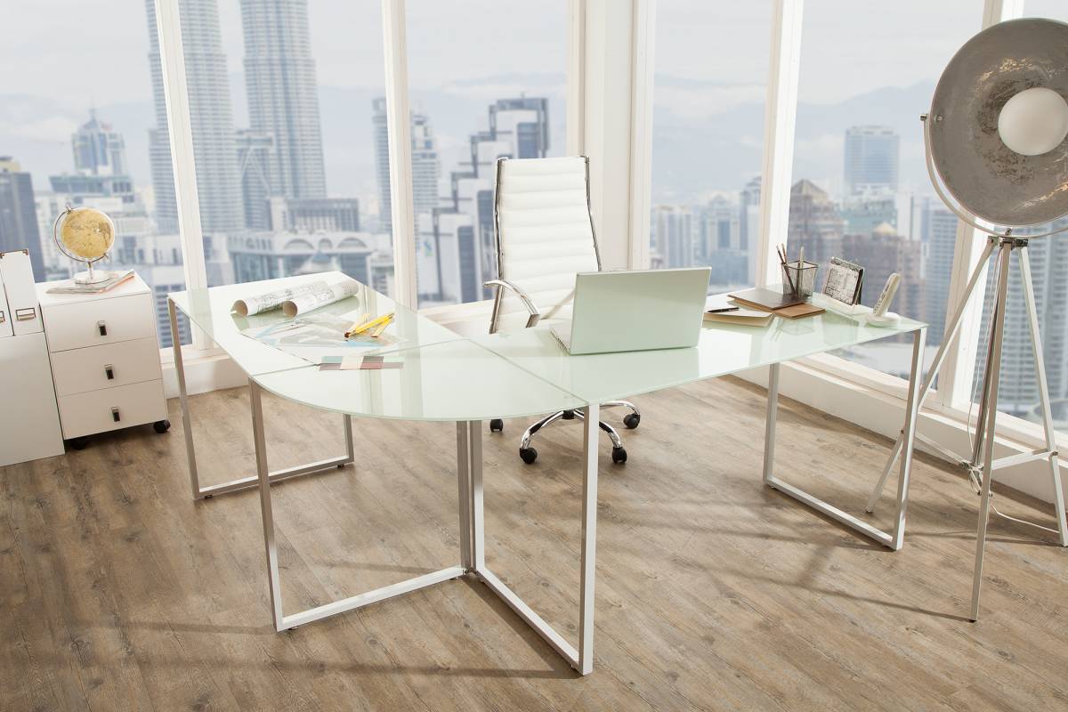LuxD Rohový psací stůl Atelier sklo / bílý